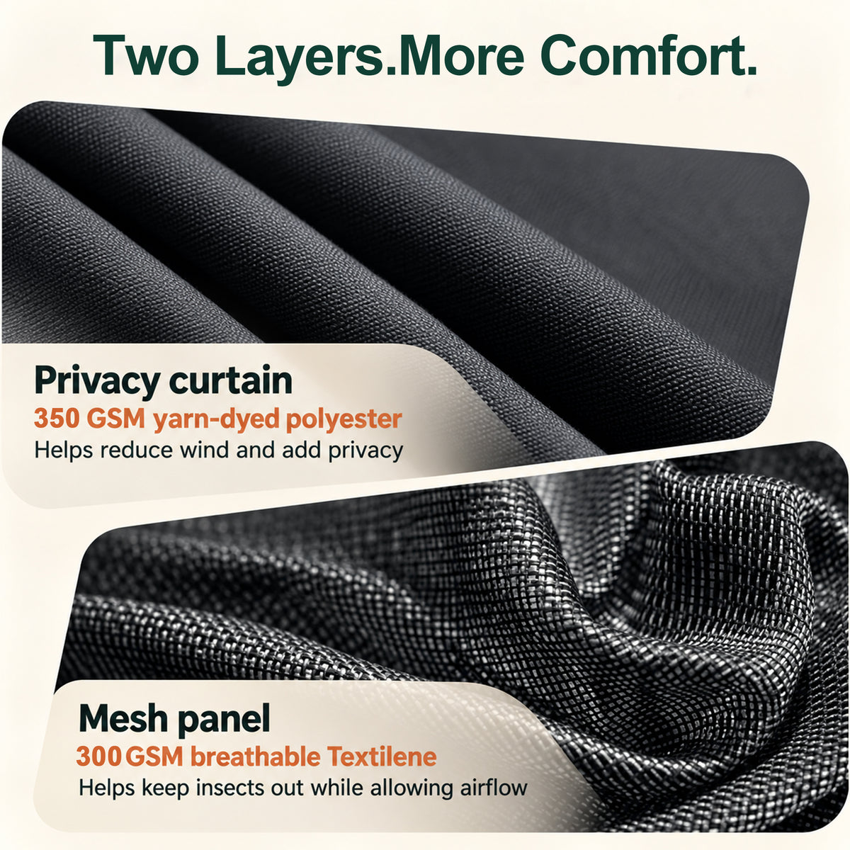 Close-up of Gray gazebo privacy curtain fabric and breathable mesh netting - Sunshade