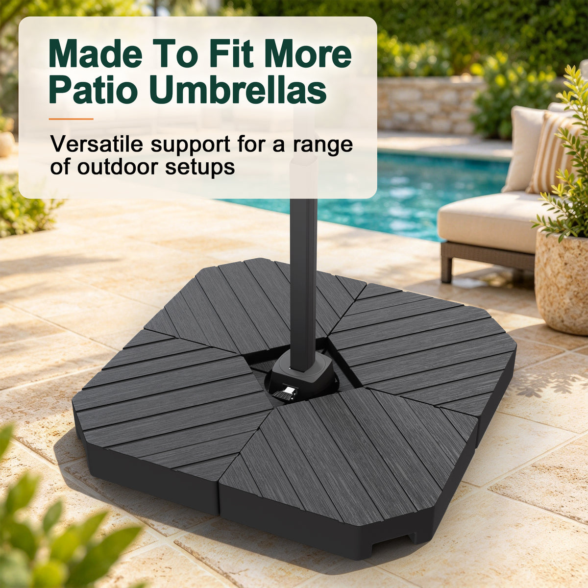 Cantilever umbrella base beside a pool showing four wood-grain weight sections arranged around the pole, with compatibility highlighted for a range of patio umbrellas - Sunshade