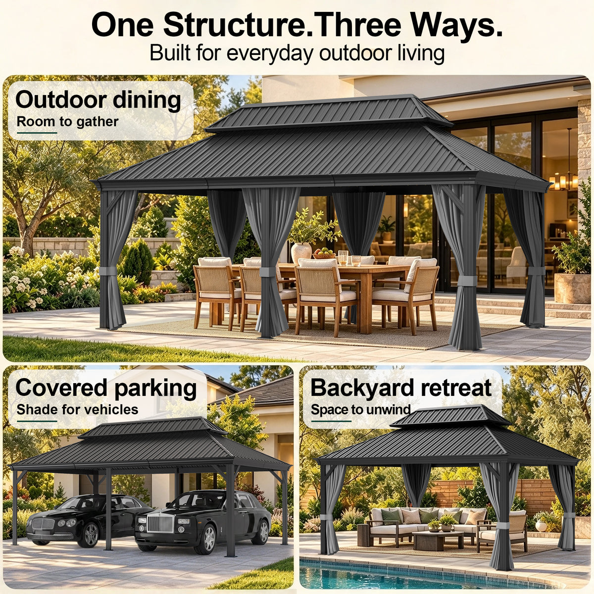 Gray hardtop gazebo shown for outdoor dining, covered parking, and poolside lounging - Sunshade