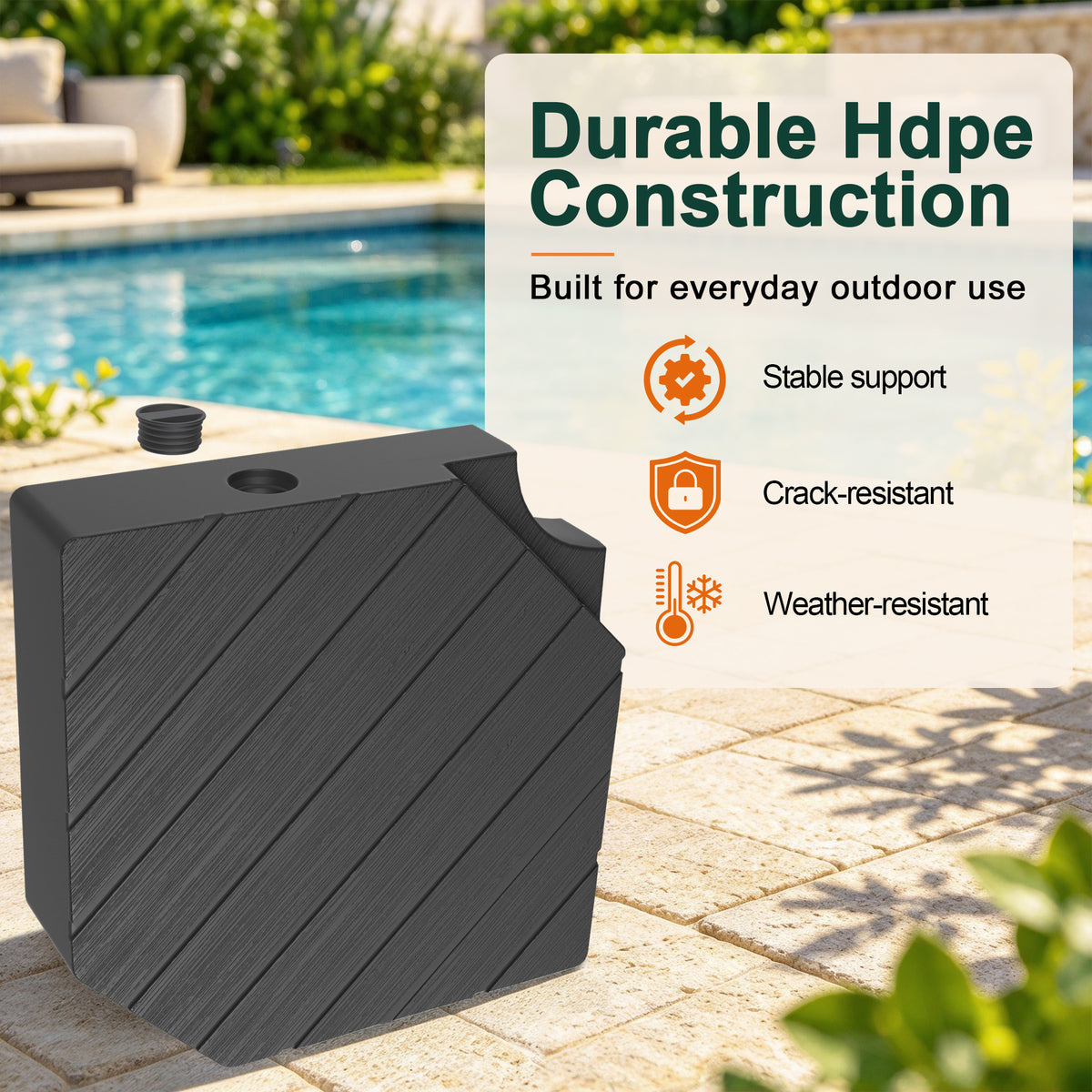 Cantilever umbrella base weight close-up showing HDPE construction, a removable fill cap, and highlighted crack and weather resistance for outdoor use - Sunshade