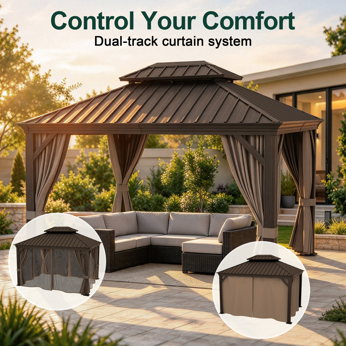 Bronze hardtop gazebo with curtains tied back and inset views of closed curtains and netting - Sunshade