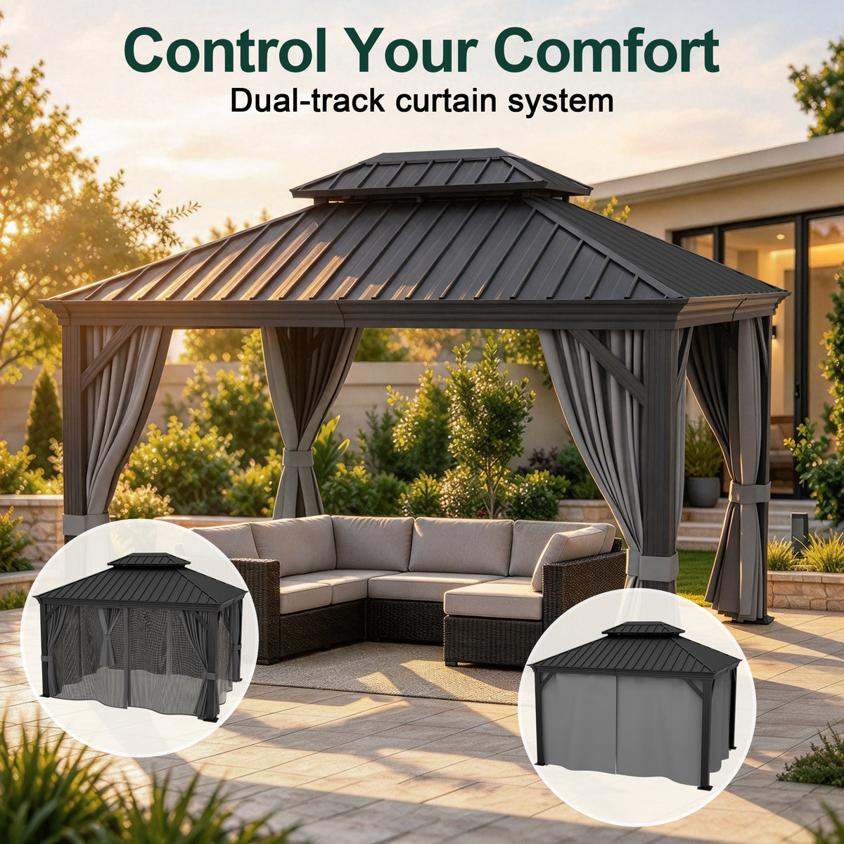 Gray hardtop gazebo with curtains tied back and inset views of closed curtains and netting - Sunshade