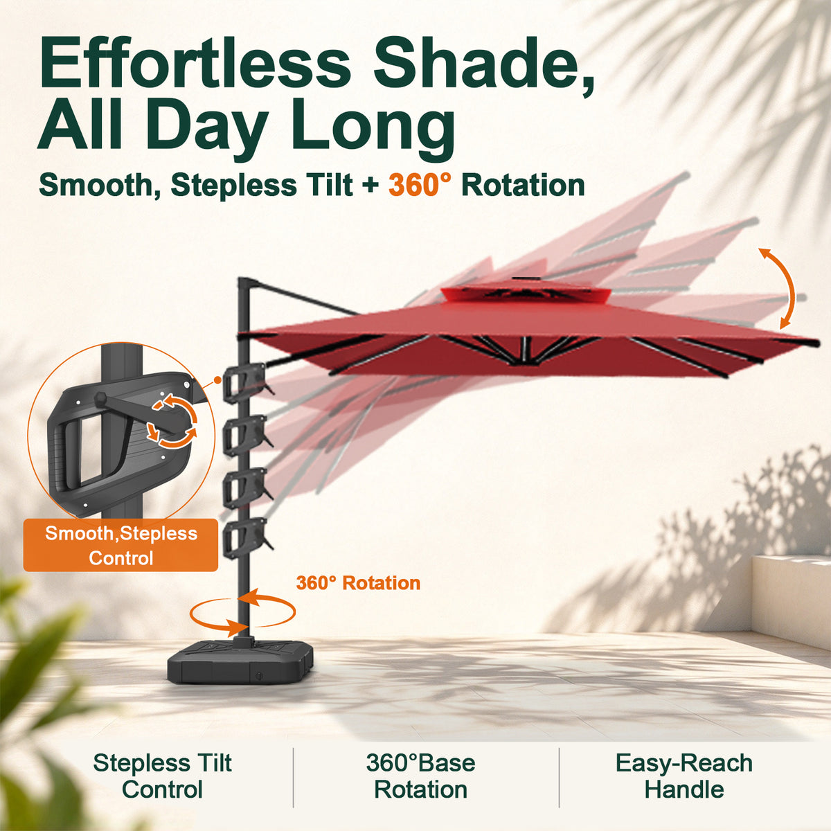 Burgundy Aegis Pro cantilever umbrella showing stepless tilt control and 360° base rotation - Sunshade