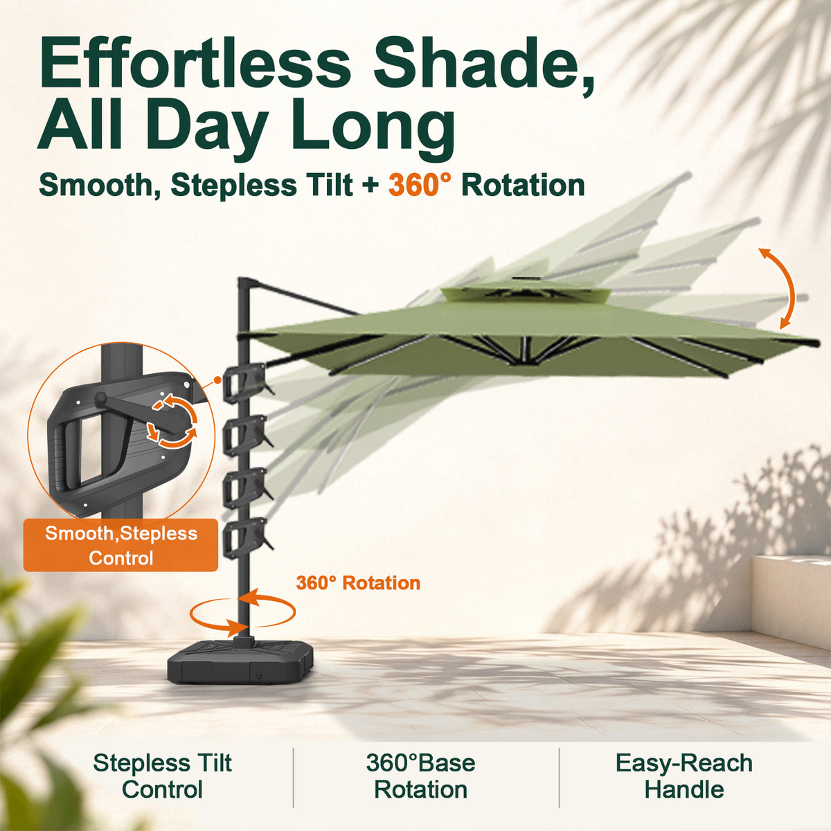 Sage Green Aegis Pro cantilever umbrella showing stepless tilt control and 360° base rotation - Sunshade