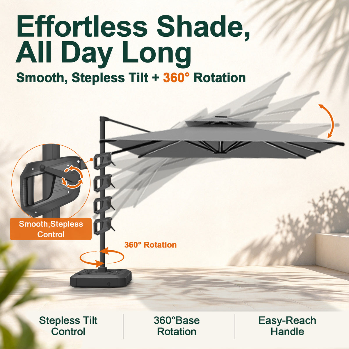 Charcoal Aegis Pro cantilever umbrella showing stepless tilt control and 360° base rotation - Sunshade