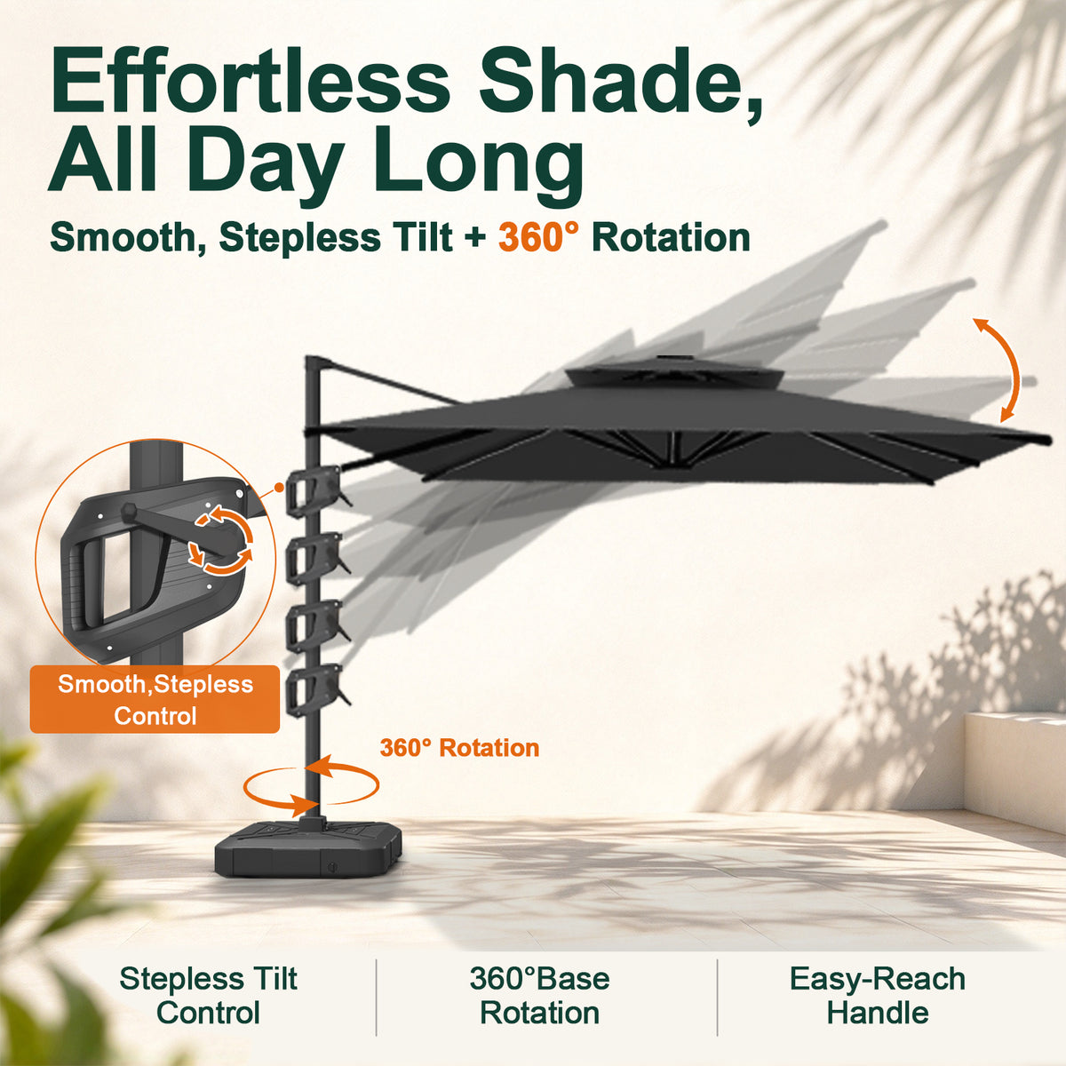 Black Aegis Pro cantilever umbrella showing stepless tilt control and 360° base rotation - Sunshade