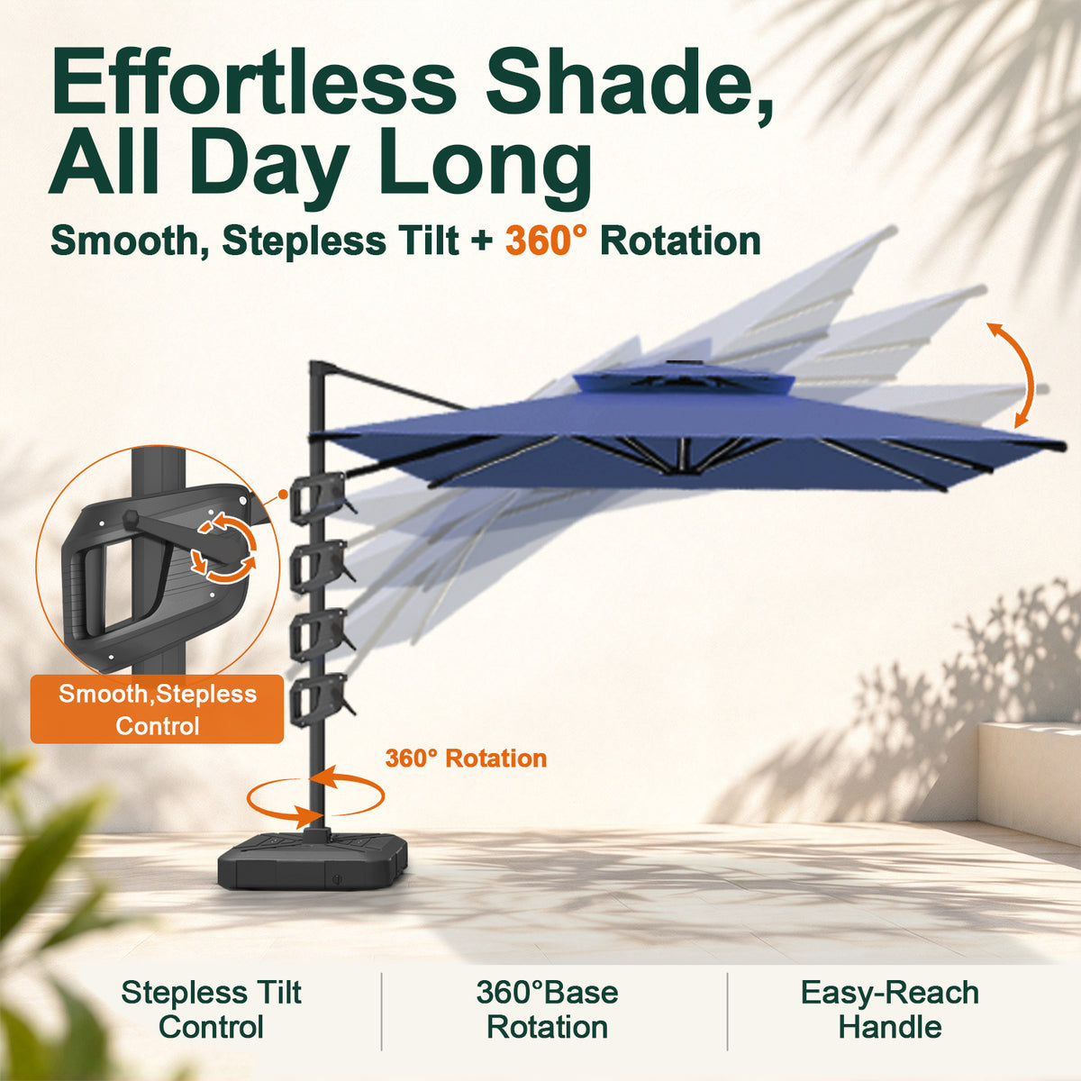 Navy Blue Aegis Pro cantilever umbrella showing stepless tilt control and 360° base rotation - Sunshade