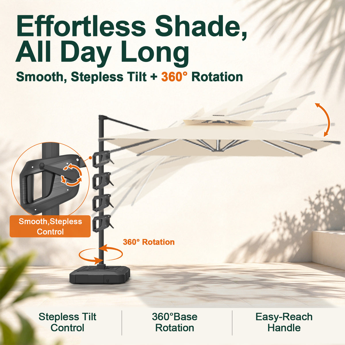 Cream Aegis Pro cantilever umbrella showing stepless tilt control and 360° base rotation - Sunshade