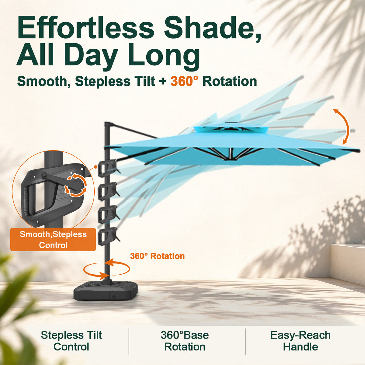 Turquoise Aegis Pro cantilever umbrella showing stepless tilt control and 360° base rotation - Sunshade