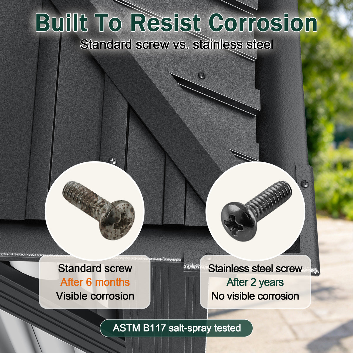 Gray gazebo hardware comparison showing a corroded standard screw and a stainless steel screw - Sunshade