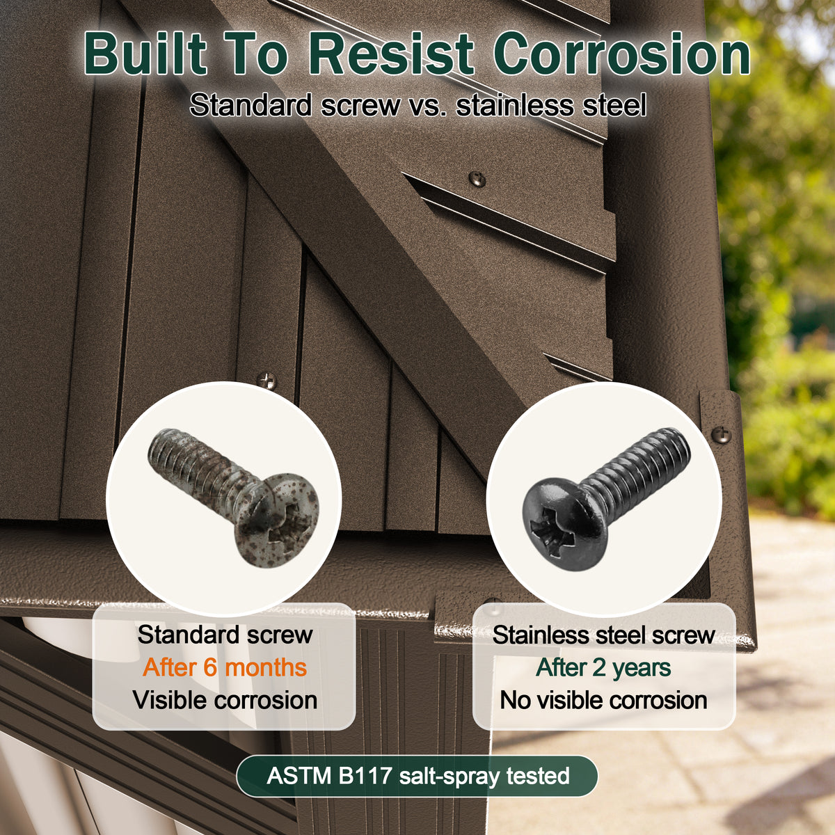 Bronze gazebo hardware comparison showing a corroded standard screw and a stainless steel screw - Sunshade