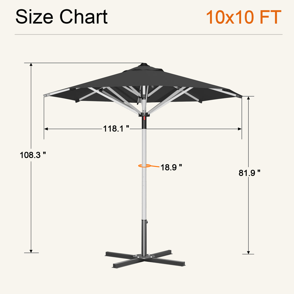 Black Solara round market umbrella size chart: 10 x 10 ft canopy, 108.3 in tall - Sunshade