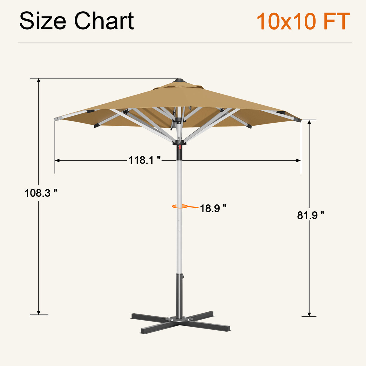 Beige Solara round market umbrella size chart: 10 x 10 ft canopy, 108.3 in tall - Sunshade