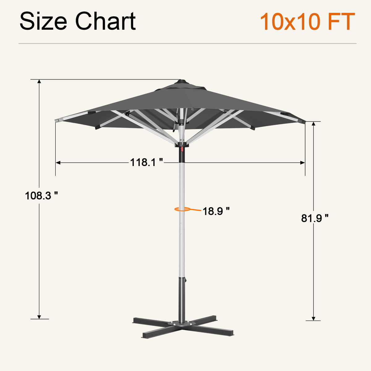 Charcoal Solara round market umbrella size chart: 10 x 10 ft canopy, 108.3 in tall - Sunshade
