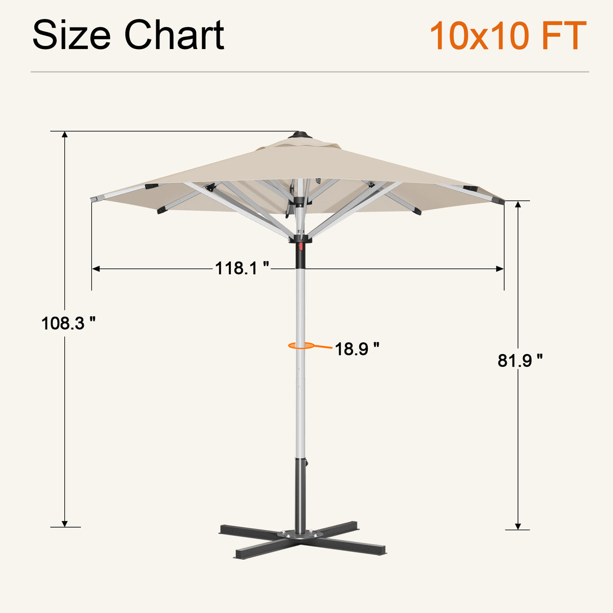 Cream Solara round market umbrella size chart: 10 x 10 ft canopy, 108.3 in tall - Sunshade