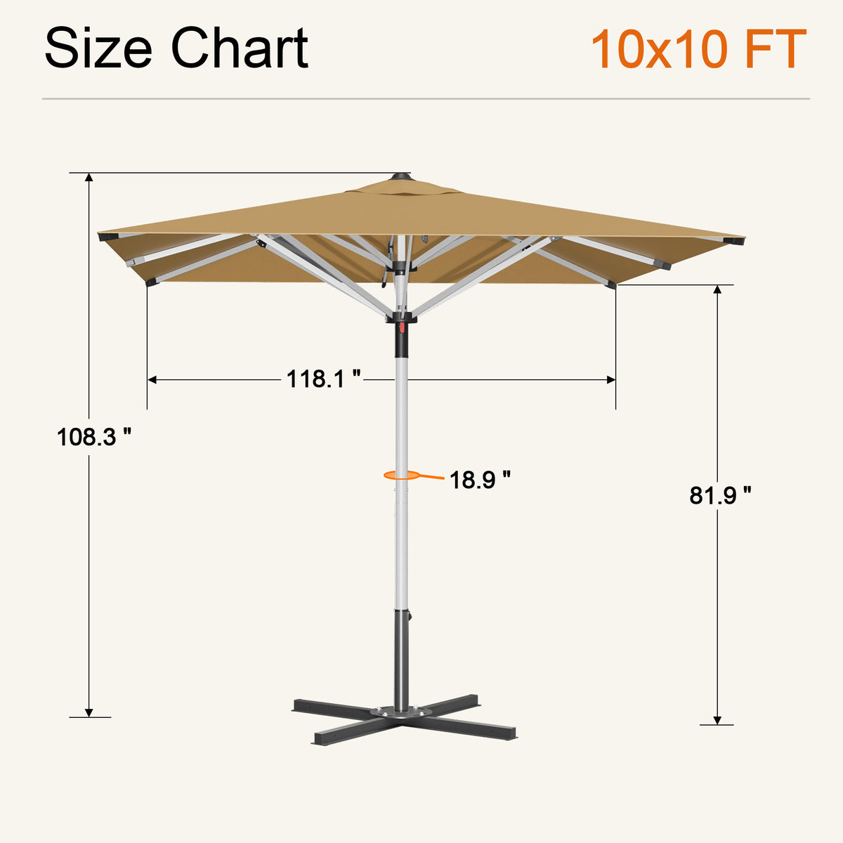 Beige Solara square market umbrella size chart: 10 x 10 ft canopy, 108.3 in tall - Sunshade