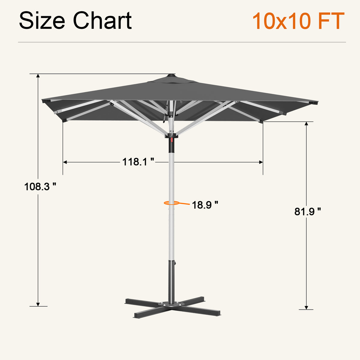 Charcoal Solara square market umbrella size chart: 10 x 10 ft canopy, 108.3 in tall - Sunshade