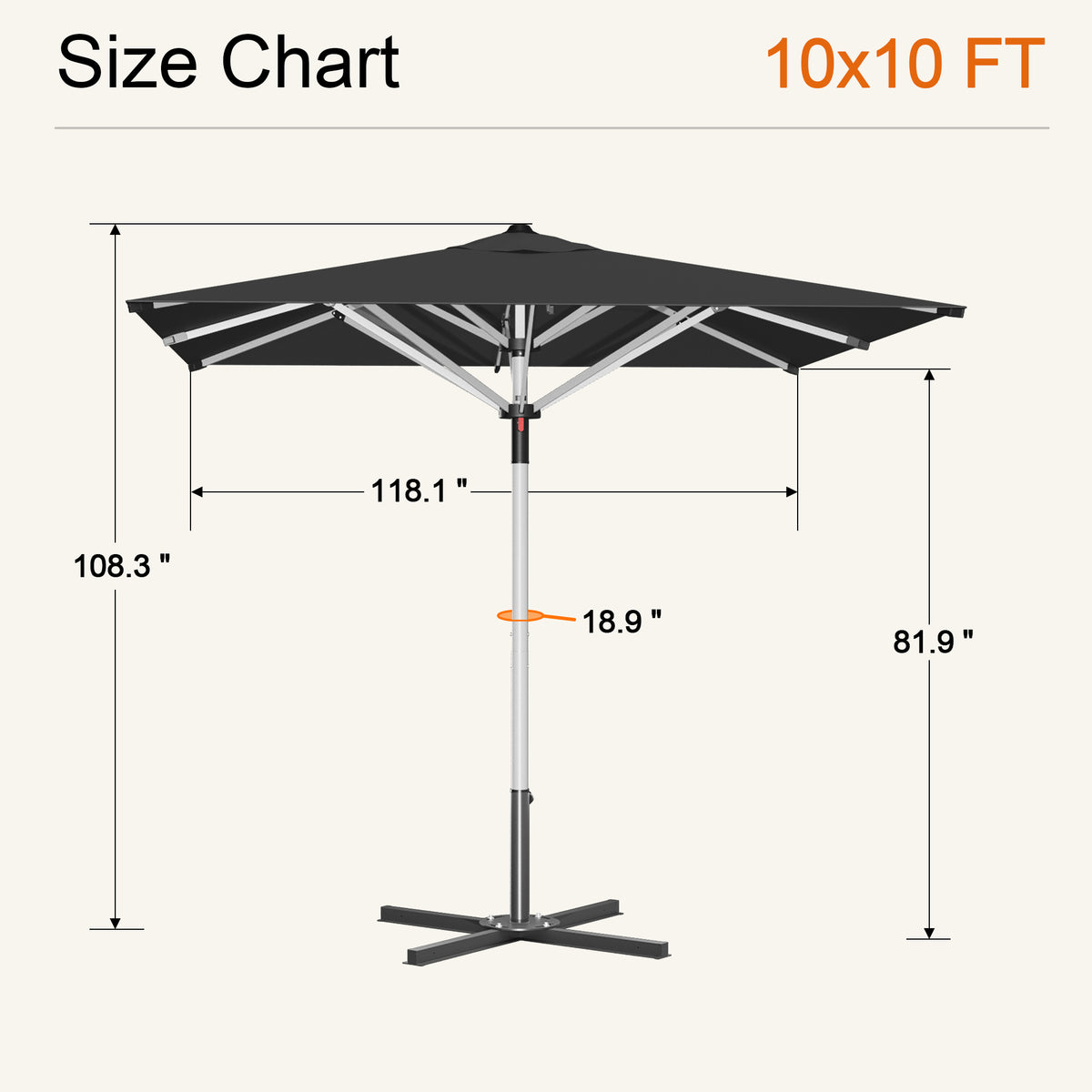 Black Solara square market umbrella size chart: 10 x 10 ft canopy, 108.3 in tall - Sunshade