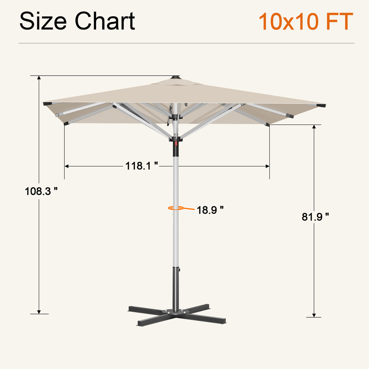 Cream Solara square market umbrella size chart: 10 x 10 ft canopy, 108.3 in tall - Sunshade