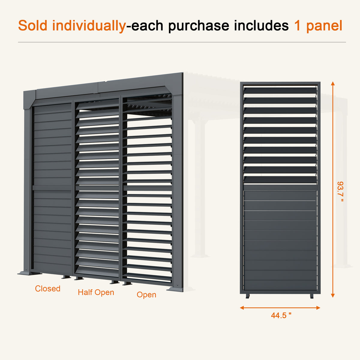 Single pergola louvered side wall size chart, 44.5 in wide and 93.7 in high - Sunshade