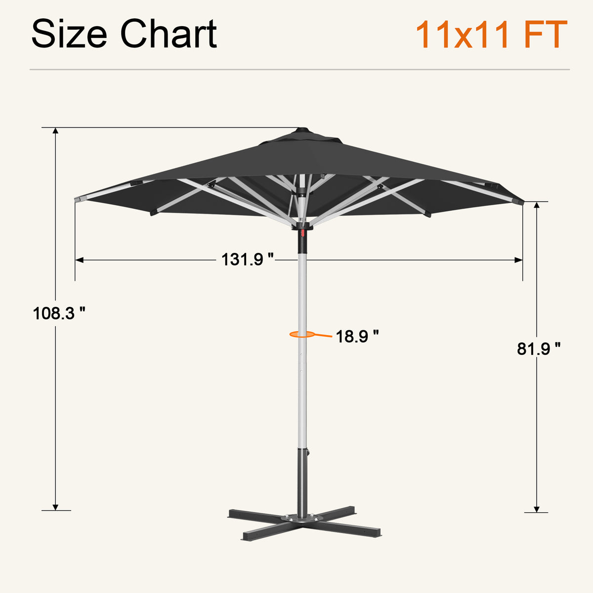 Black Solara round market umbrella size chart: 11 x 11 ft canopy, 108.3 in tall - Sunshade