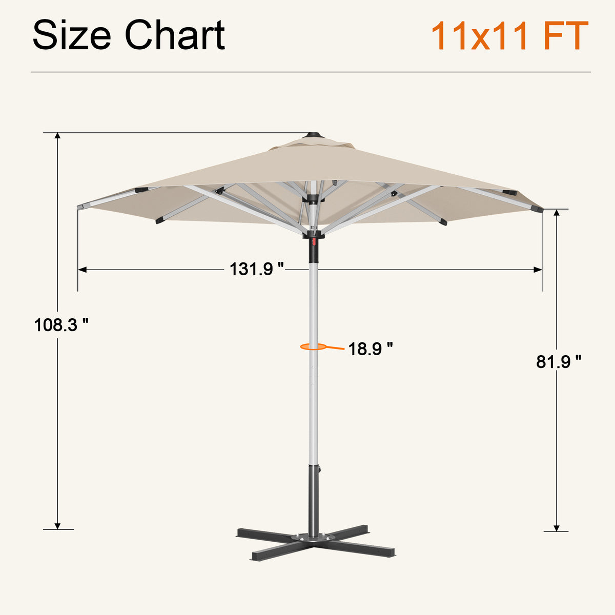 Cream Solara round market umbrella size chart: 11 x 11 ft canopy, 108.3 in tall - Sunshade