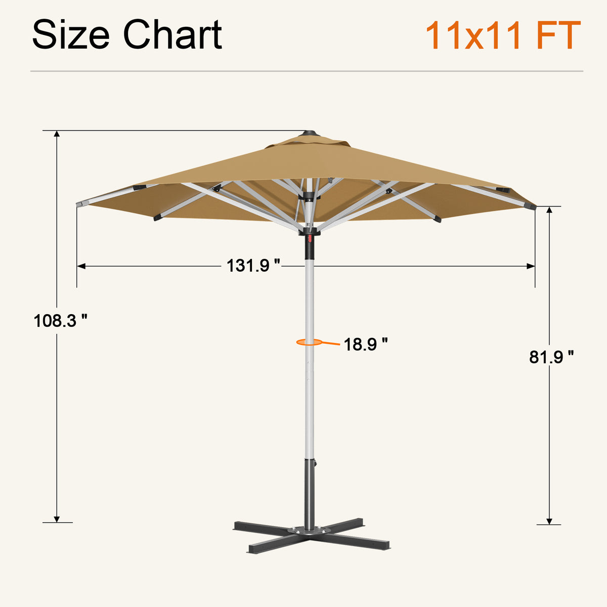 Beige Solara round market umbrella size chart: 11 x 11 ft canopy, 108.3 in tall - Sunshade