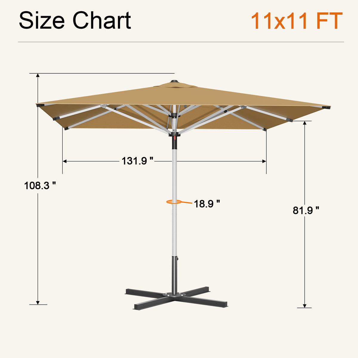 Beige Solara square market umbrella size chart: 11 x 11 ft canopy, 108.3 in tall - Sunshade