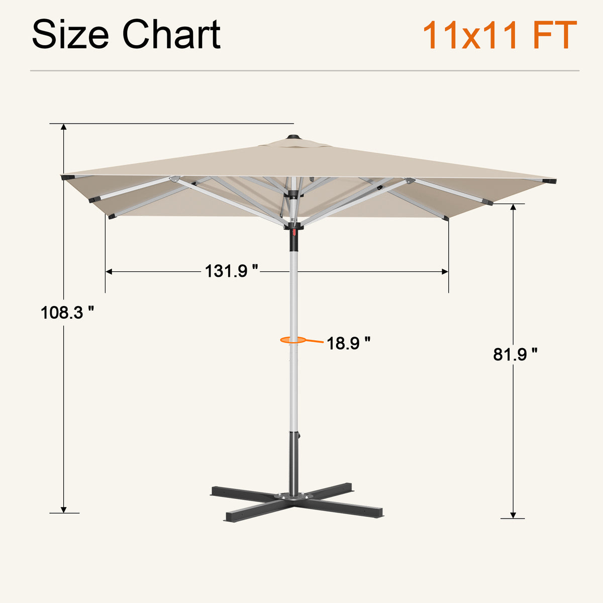 Cream Solara square market umbrella size chart: 11 x 11 ft canopy, 108.3 in tall - Sunshade