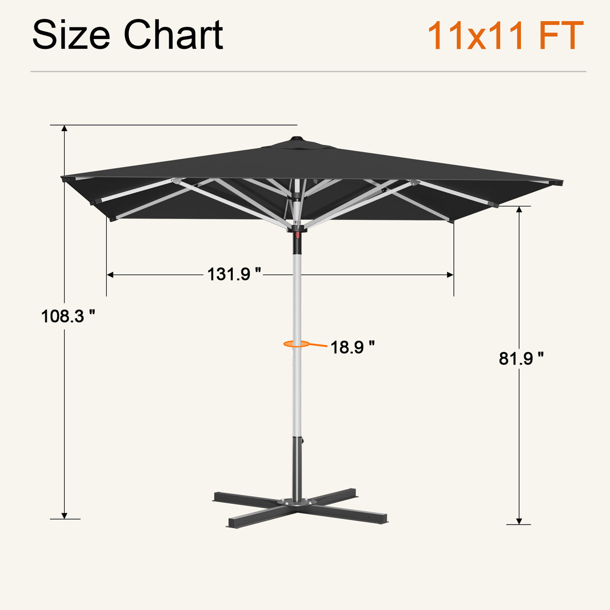 Black Solara square market umbrella size chart: 11 x 11 ft canopy, 108.3 in tall - Sunshade