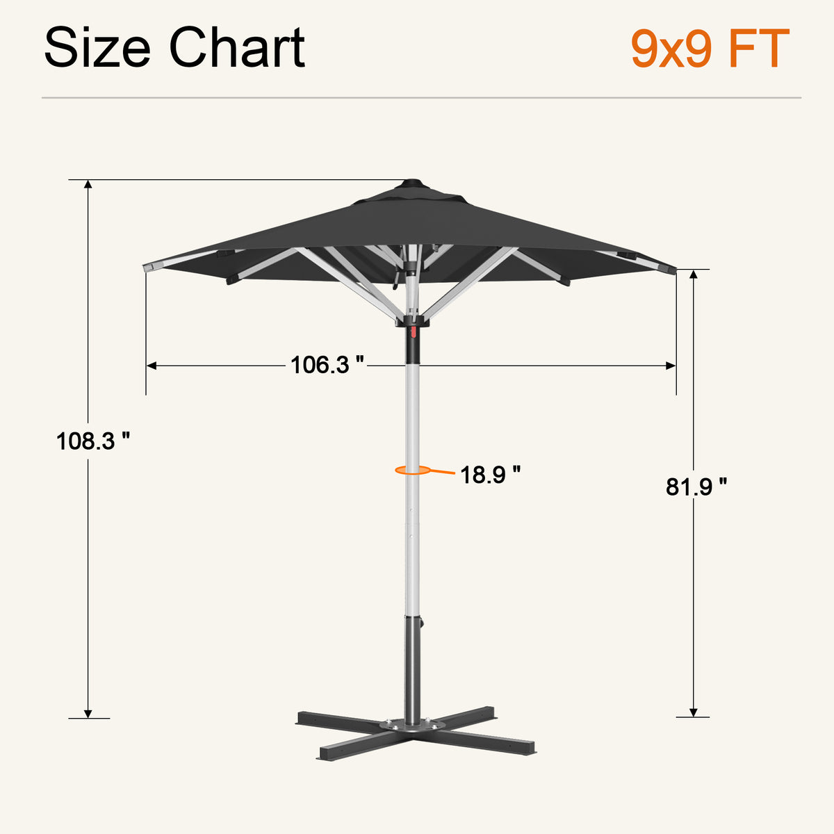 Black Solara round market umbrella size chart: 9 x 9 ft canopy, 108.3 in tall - Sunshade