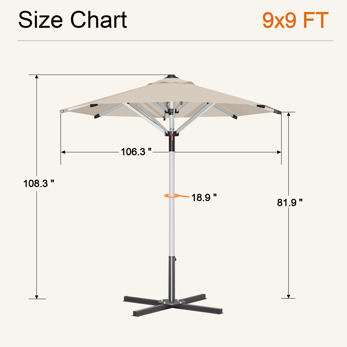 Cream Solara round market umbrella size chart: 9 x 9 ft canopy, 108.3 in tall - Sunshade