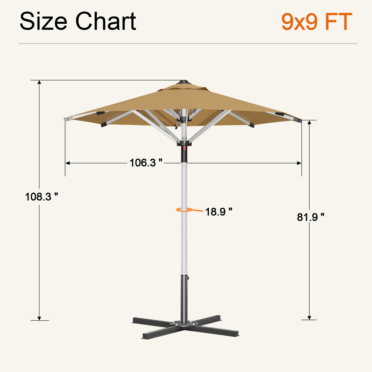 Beige Solara round market umbrella size chart: 9 x 9 ft canopy, 108.3 in tall - Sunshade