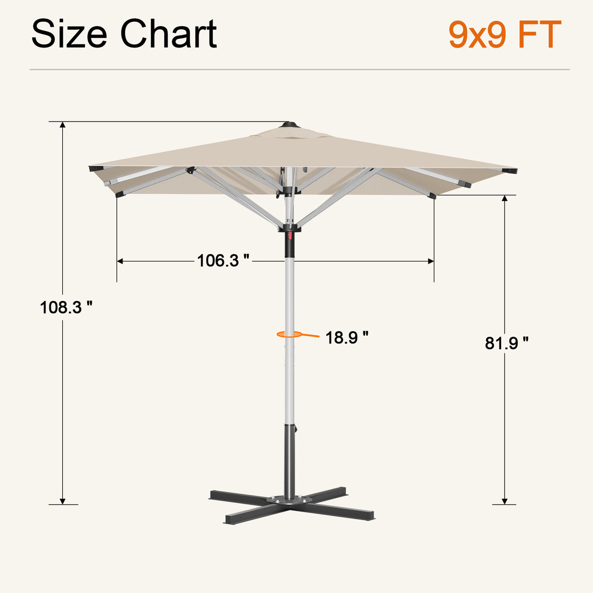 Cream Solara square market umbrella size chart: 9 x 9 ft canopy, 108.3 in tall - Sunshade