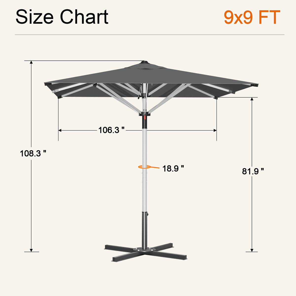 Charcoal Solara square market umbrella size chart: 9 x 9 ft canopy, 108.3 in tall - Sunshade