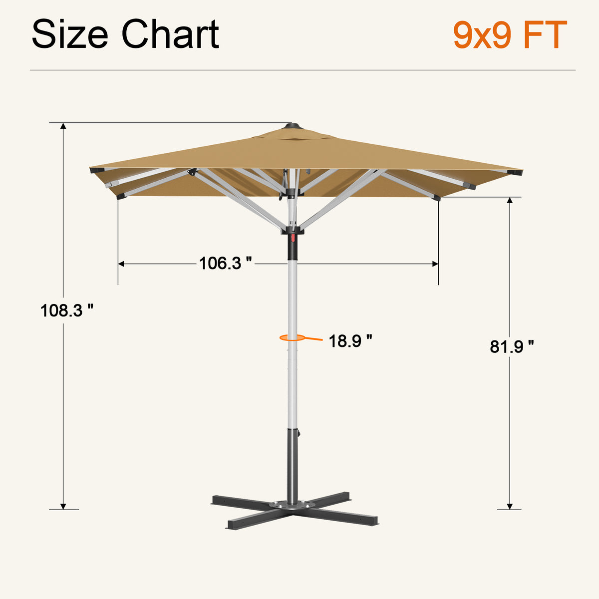 Beige Solara square market umbrella size chart: 9 x 9 ft canopy, 108.3 in tall - Sunshade