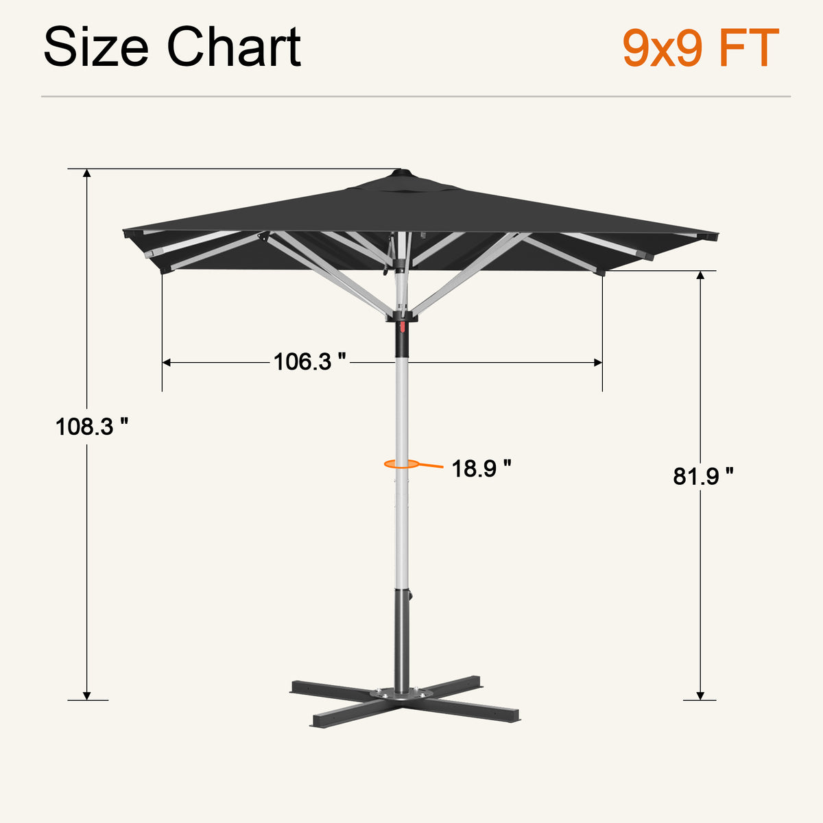 Black Solara square market umbrella size chart: 9 x 9 ft canopy, 108.3 in tall - Sunshade