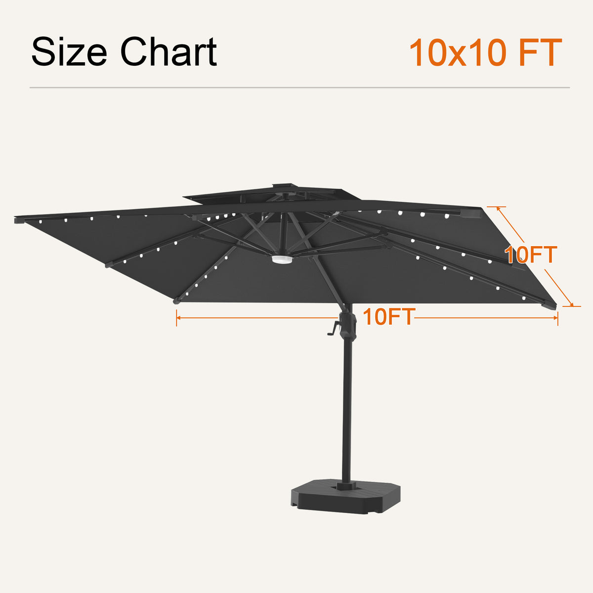 Black Aegis Pro solar LED cantilever patio umbrella, 10 x 10 ft size chart - Sunshade