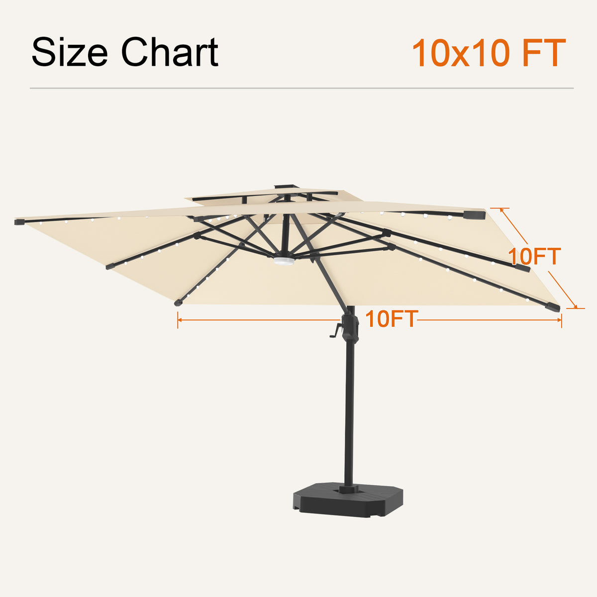 Cream Aegis Pro solar LED cantilever patio umbrella, 10 x 10 ft size chart - Sunshade