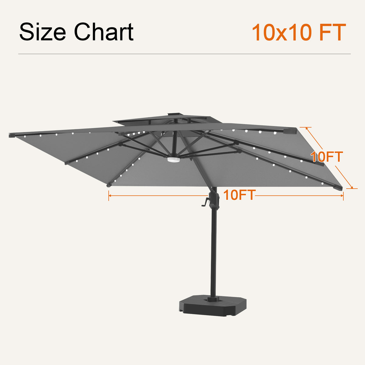 Charcoal Aegis Pro solar LED cantilever patio umbrella, 10 x 10 ft size chart - Sunshade