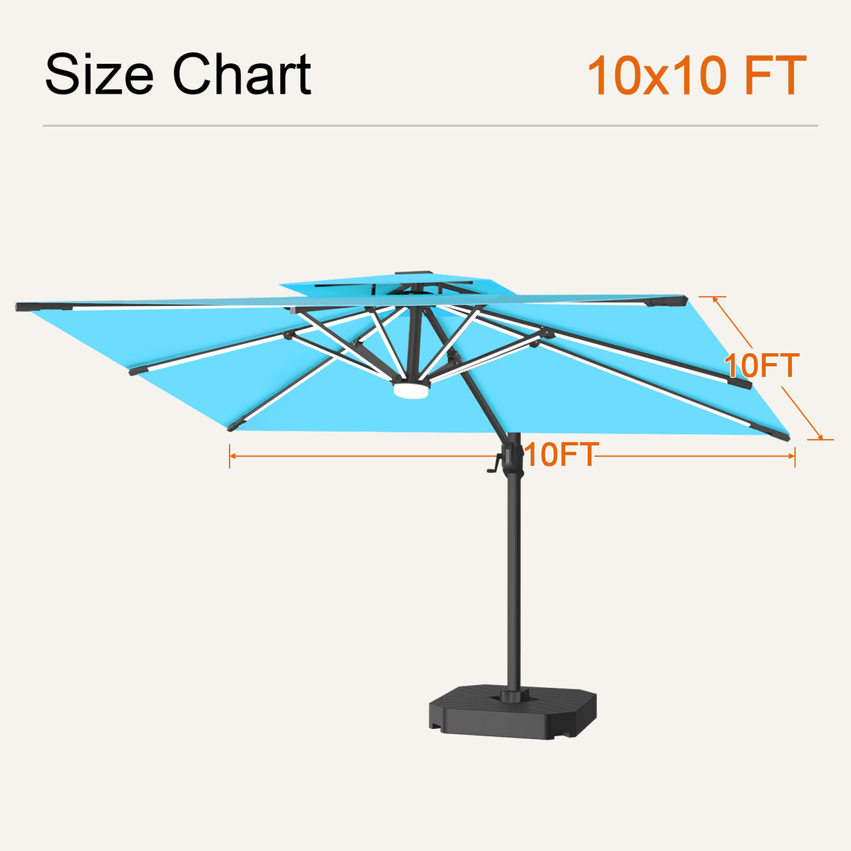 Turquoise Aegis Pro solar LED cantilever patio umbrella size chart with a 10 x 10 ft canopy - Sunshade