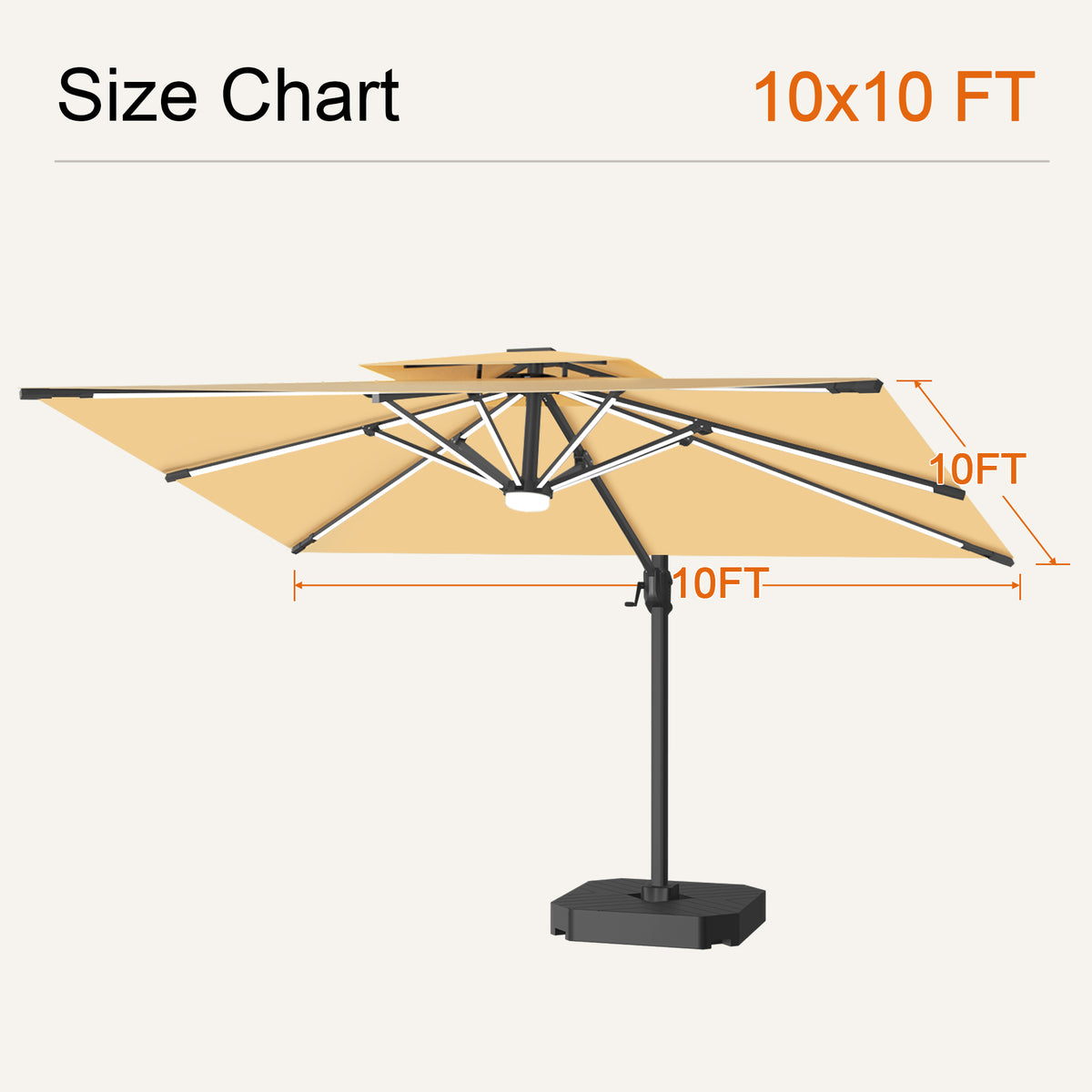 Beige Aegis Pro solar LED cantilever patio umbrella size chart with a 10 x 10 ft canopy - Sunshade