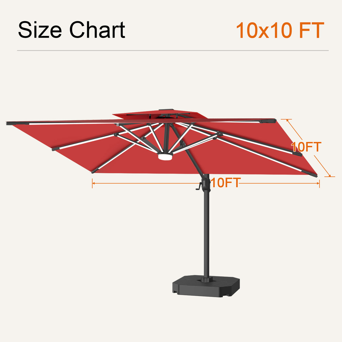 Burgundy Aegis Pro solar LED cantilever patio umbrella size chart with a 10 x 10 ft canopy - Sunshade