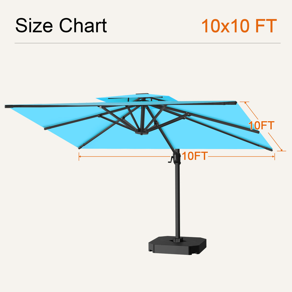 Turquoise cantilever patio umbrella size chart showing a 10 x 10 ft canopy - Sunshade