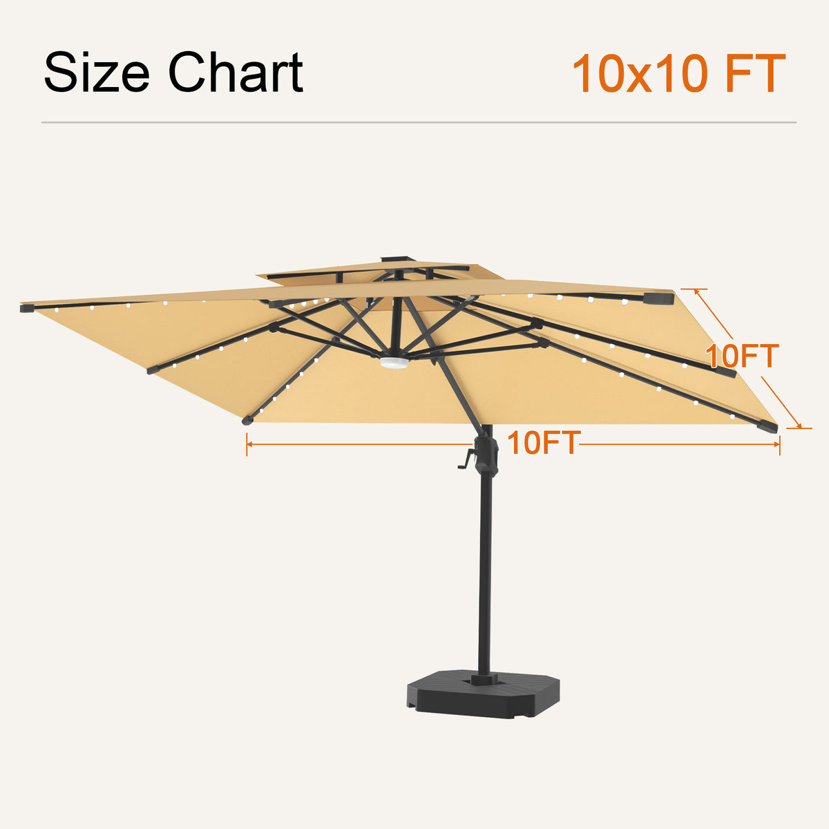 Beige Aegis Pro solar LED cantilever patio umbrella, 10 x 10 ft size chart - Sunshade