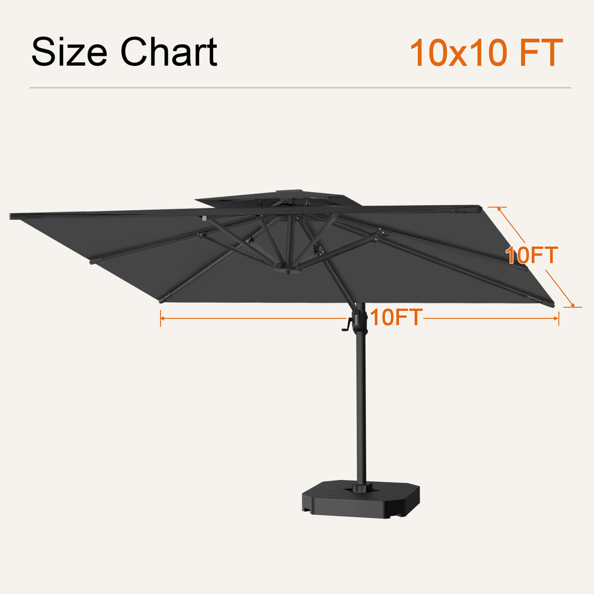 Black cantilever patio umbrella size chart showing a 10 x 10 ft canopy - Sunshade