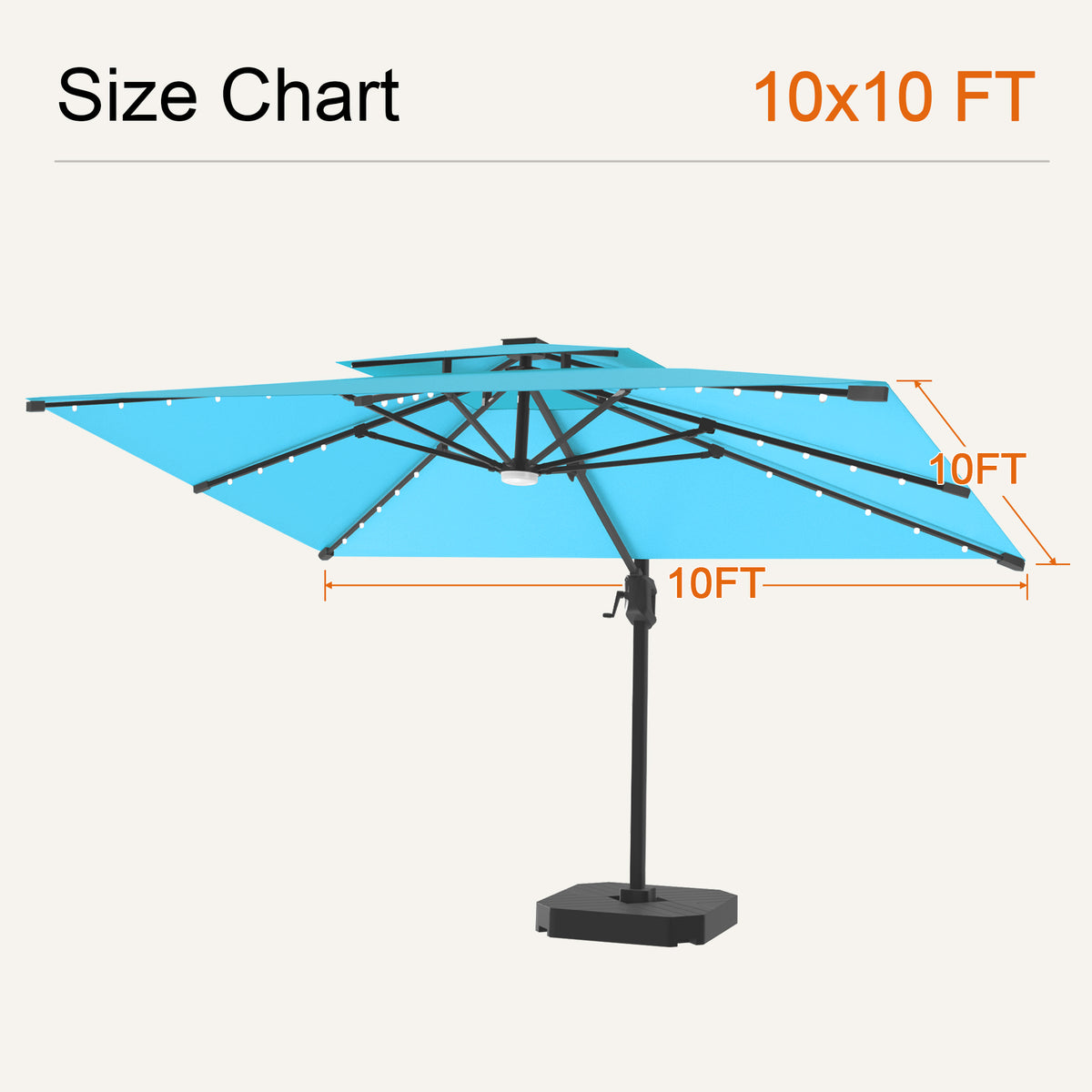 Turquoise Aegis Pro solar LED cantilever patio umbrella, 10 x 10 ft size chart - Sunshade