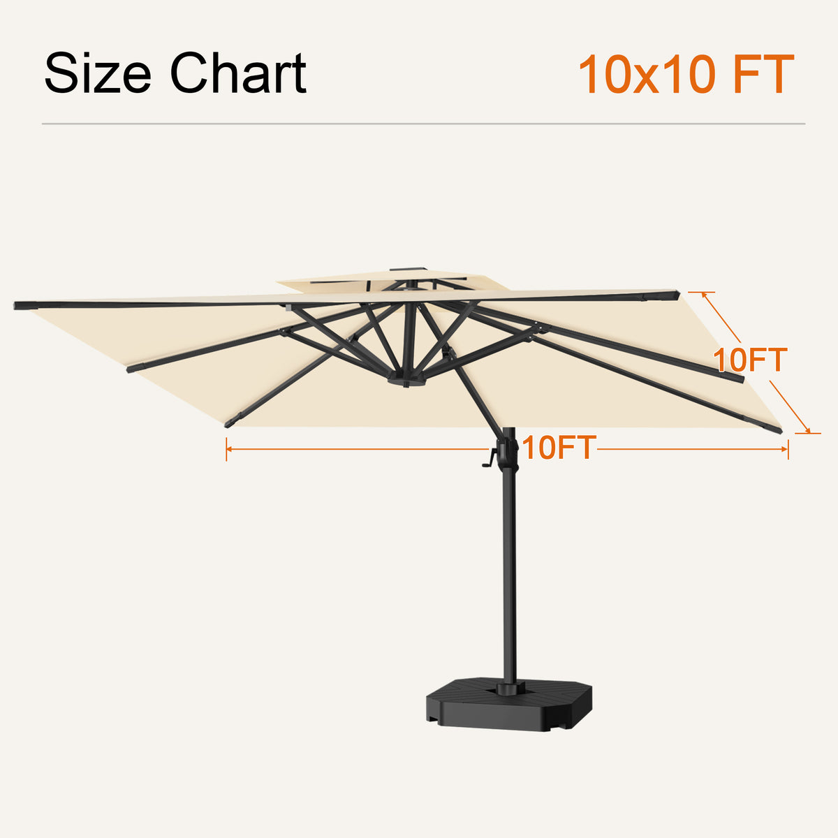 Cream cantilever patio umbrella size chart showing a 9 x 12 ft canopy - Sunshade