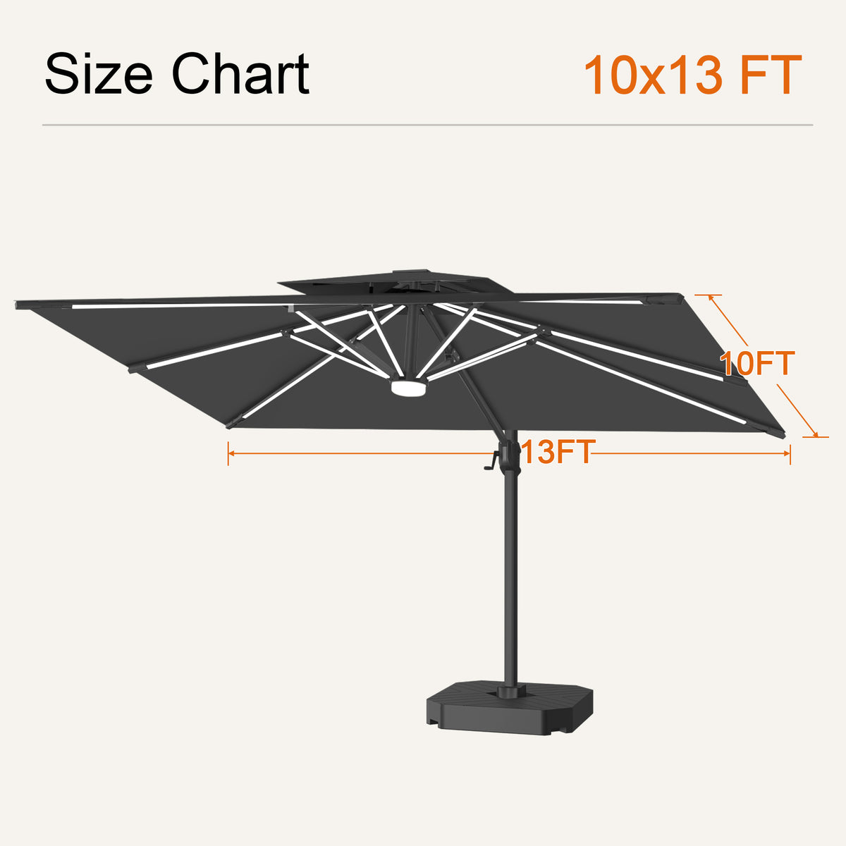 Black Aegis Pro solar LED cantilever patio umbrella size chart with a 10 x 13 ft canopy - Sunshade