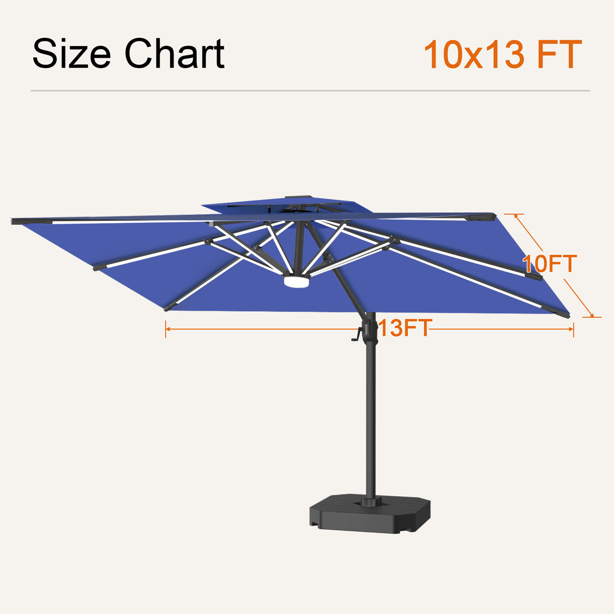 Navy Blue Aegis Pro solar LED cantilever patio umbrella size chart with a 10 x 13 ft canopy - Sunshade
